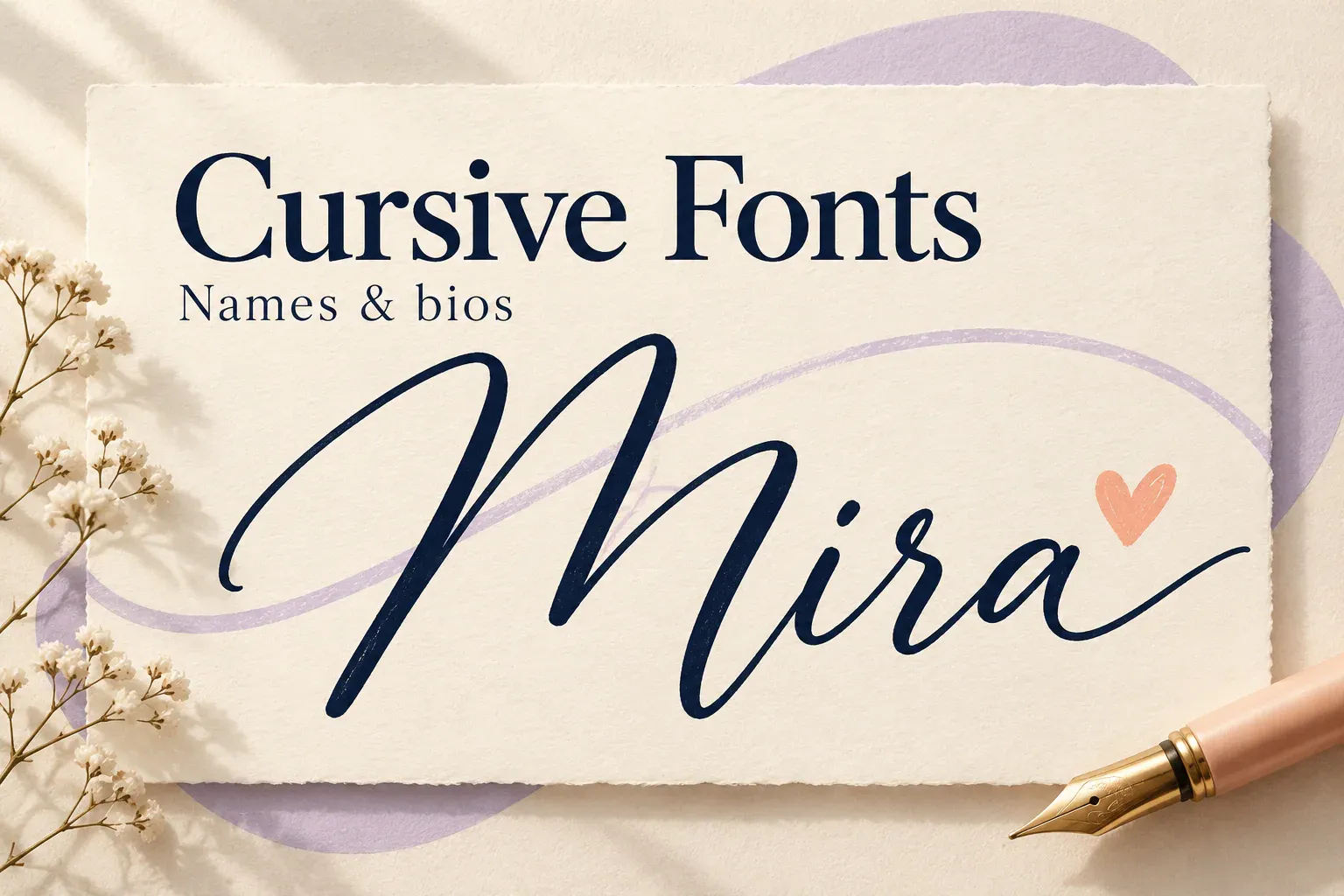 Cursive fonts for names and bios.