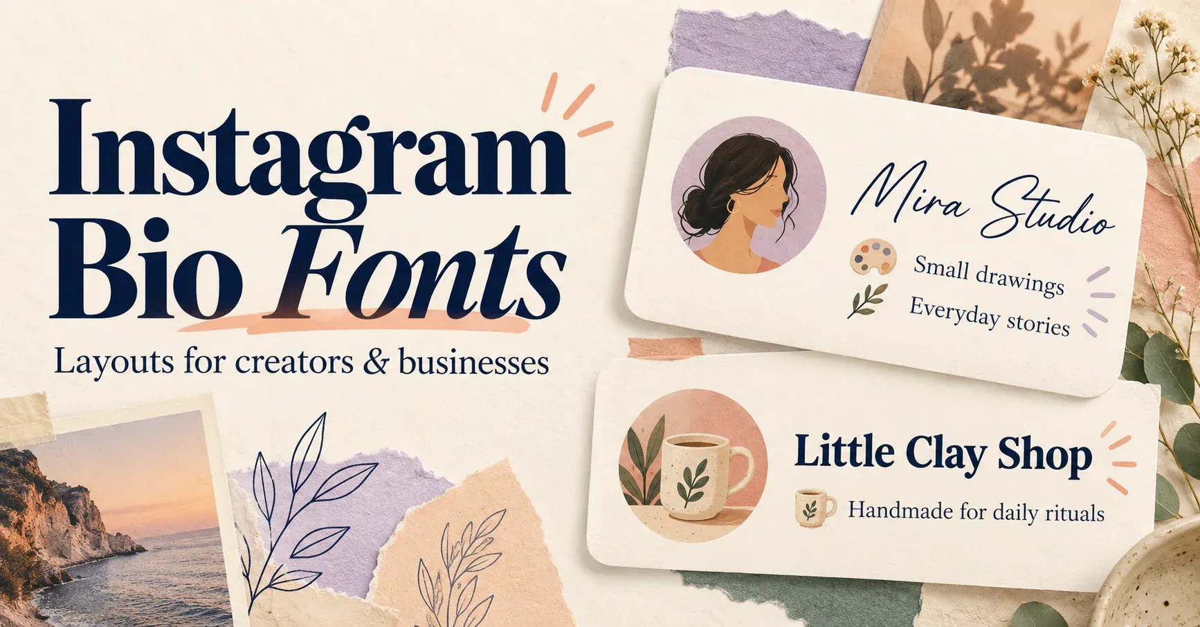 Creator and business profile examples with styled headings and plain bio details.