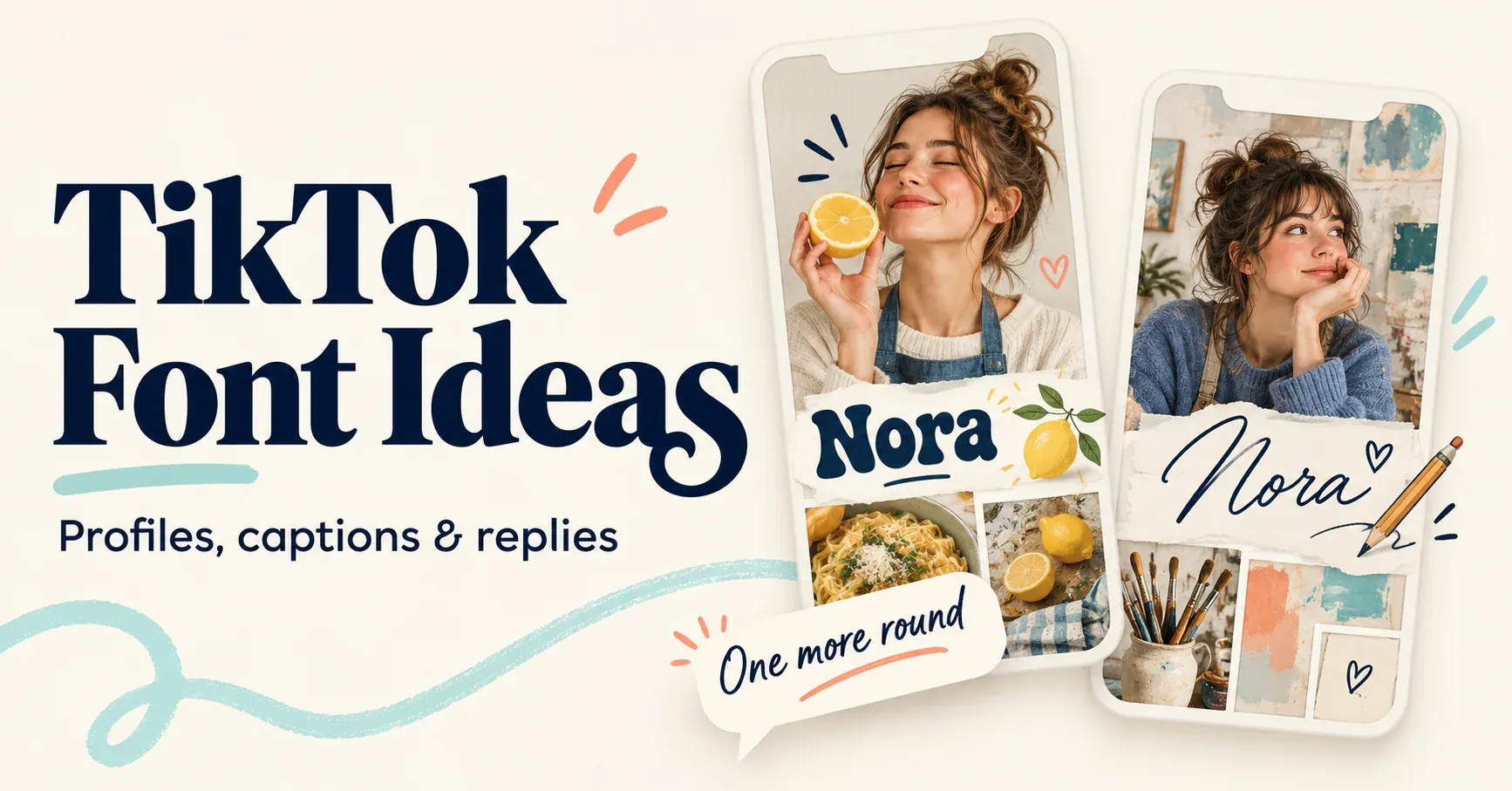 TikTok-style profile and caption ideas with restrained decorative lettering.