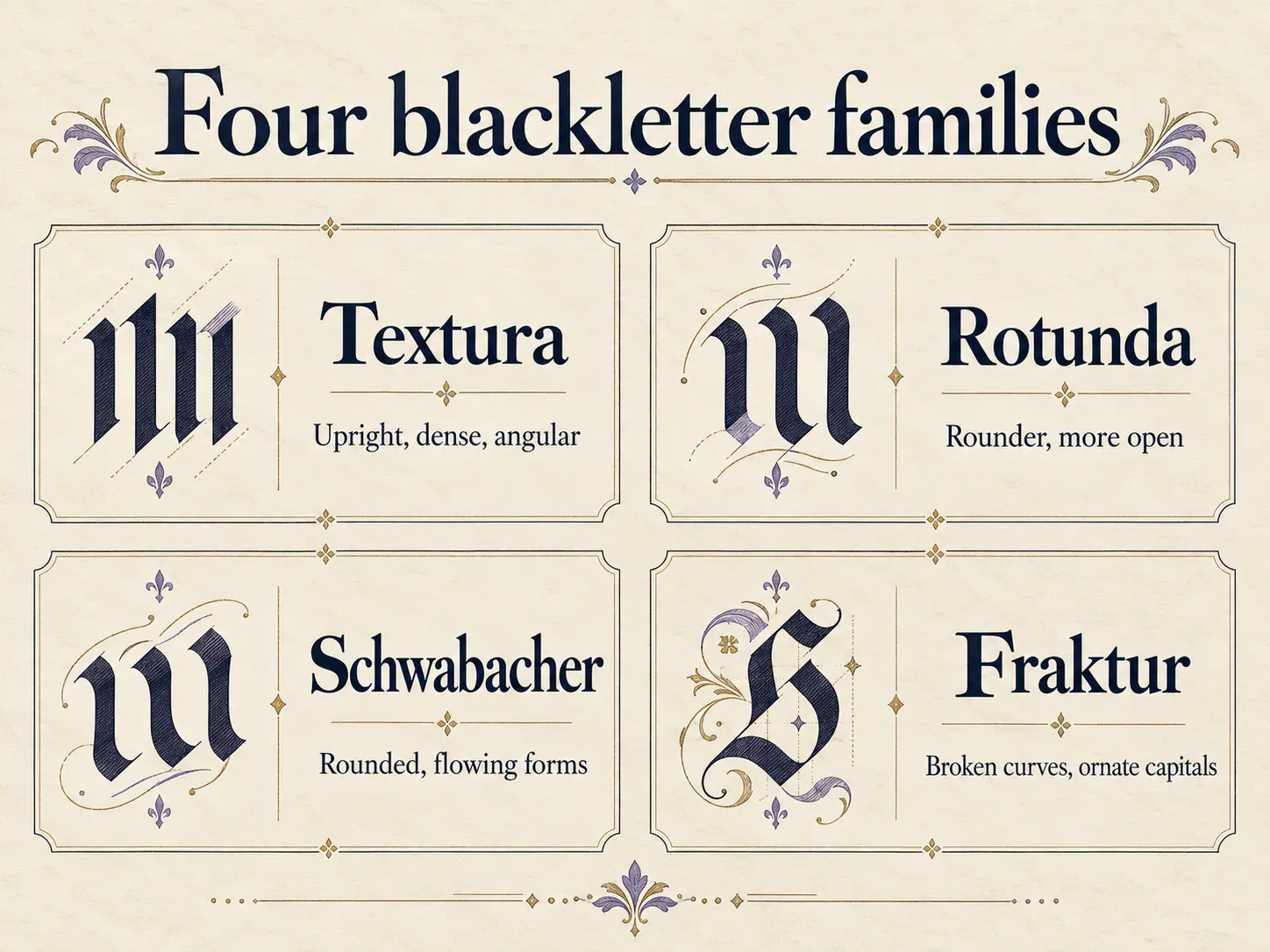 Four blackletter styles compared by their letter shapes.