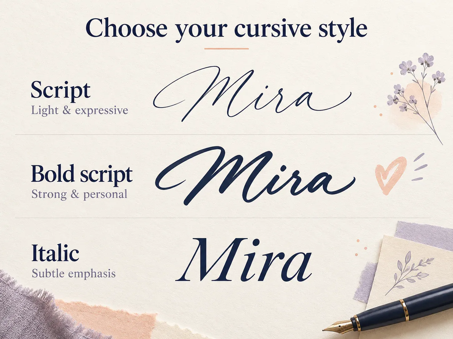 Differences between script, bold script and italic text.