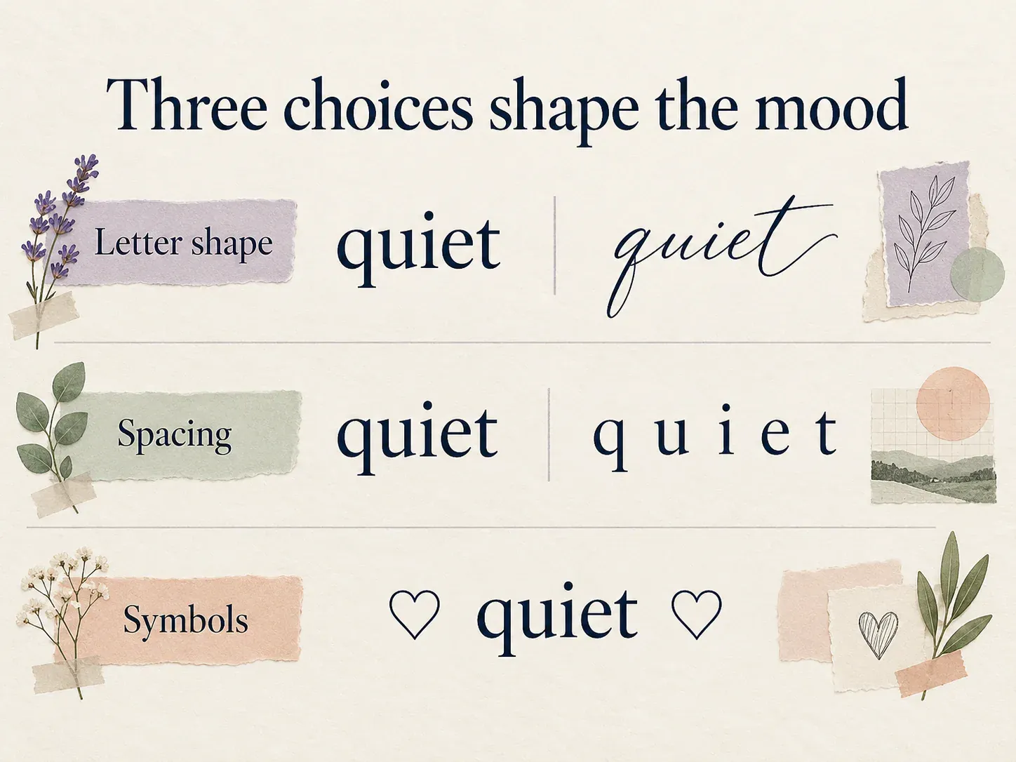 Letter shape, spacing and symbols change the mood of the same words.